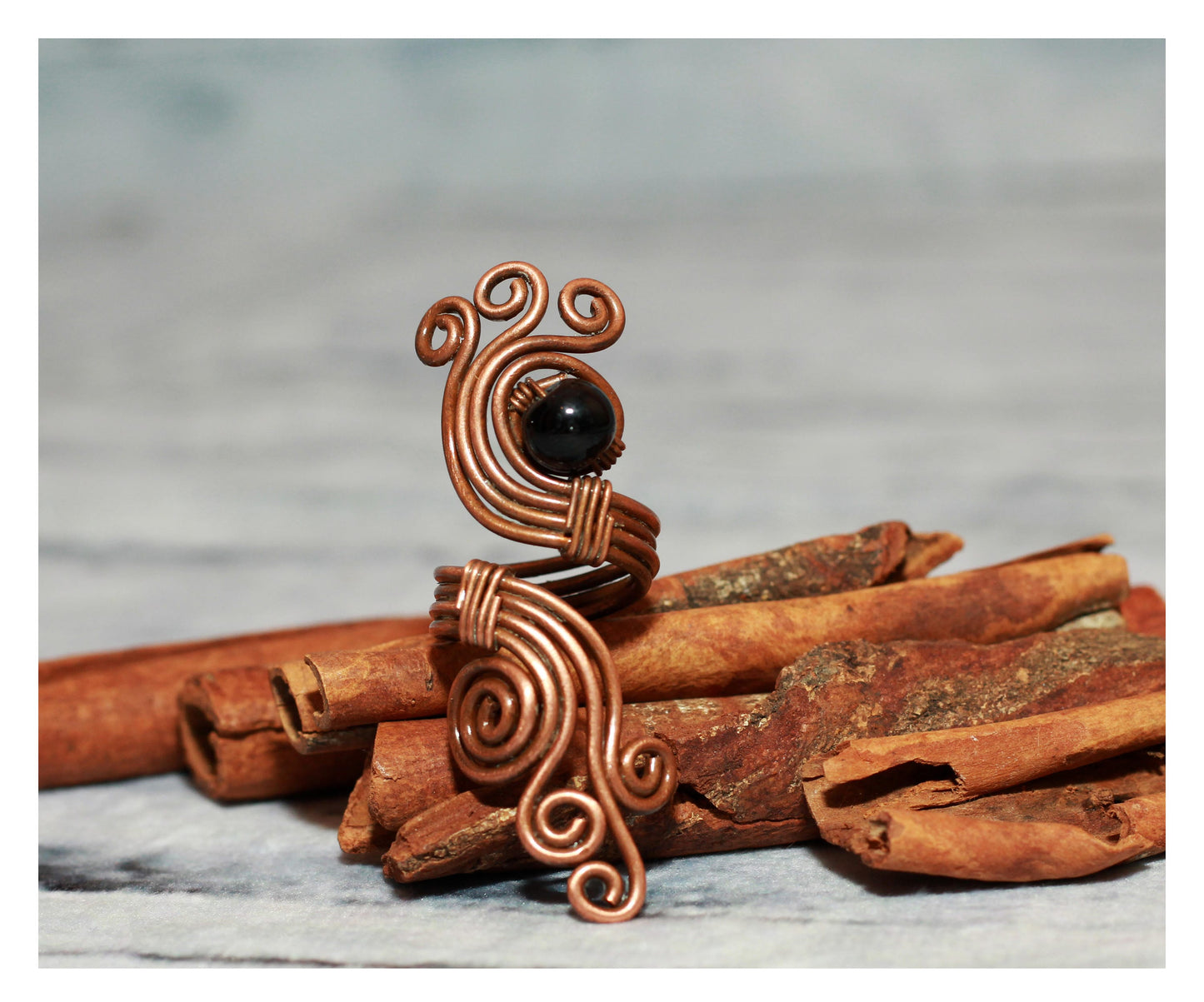 Wire Wrapped Black Agate Spiral Ring Boho Copper Wire Jewelry Armenian Gift