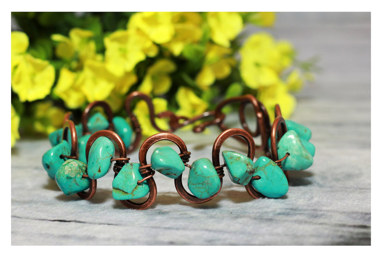 Wave Bracelet, Turquoise Bracelet, Wirewrapped Bracelet, Teal Bracelet, Statement Bracelet, Bangle, Handmade in Armenia, Gift for her,