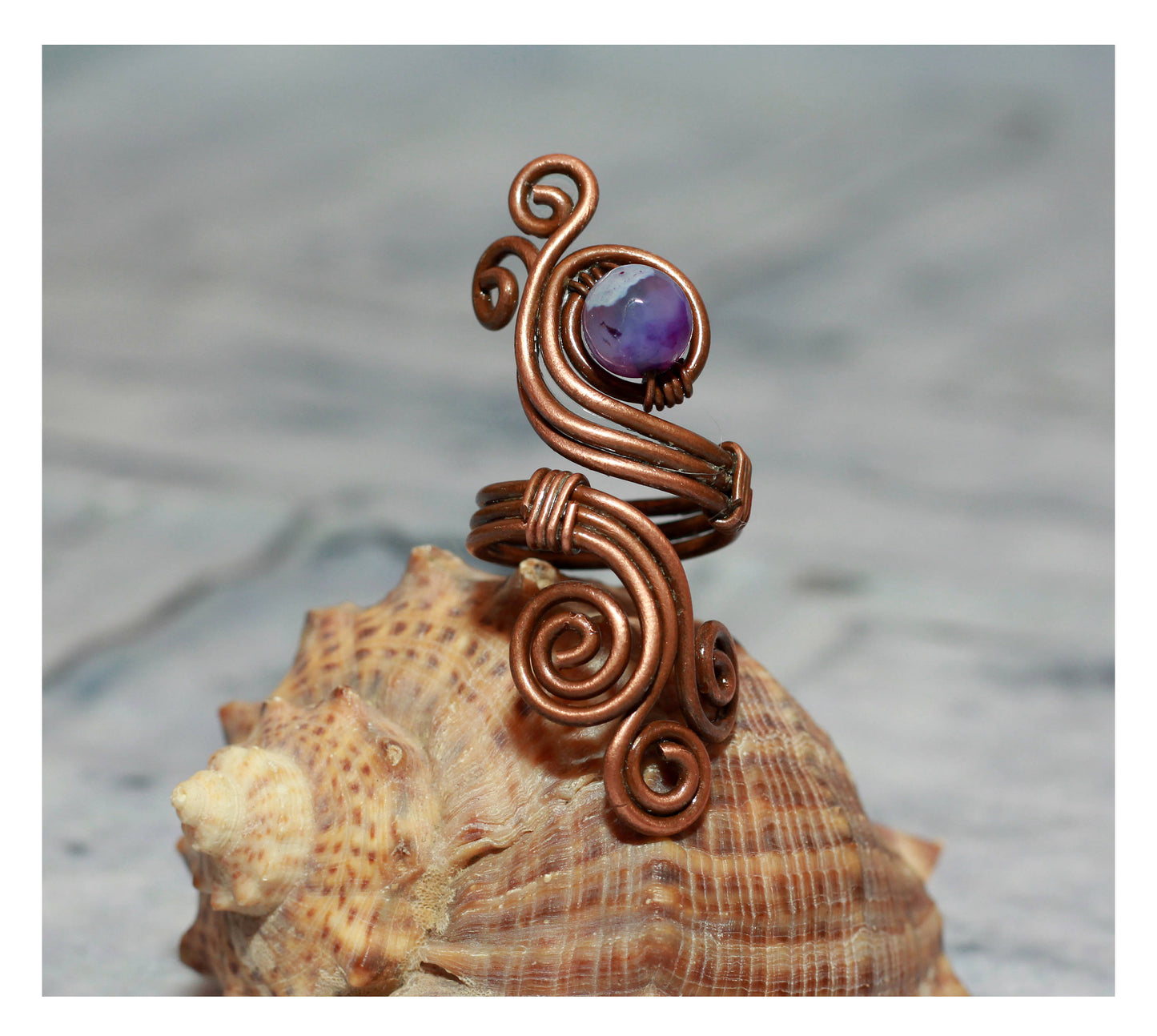 Purple Agate Wire-Wrapped Boho Cocktail Ring - Statement Jewelry Handcrafted with Natural Agate Stone and Copper - Unique Gift for Her