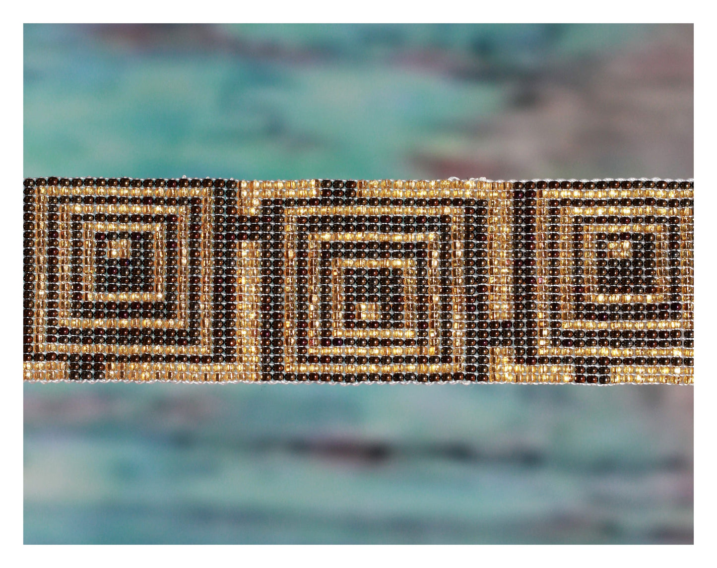 Handcrafted Golden Geometric Beaded Cuff Bracelet - Adjustable Wide Seed Bead Statement Jewelry