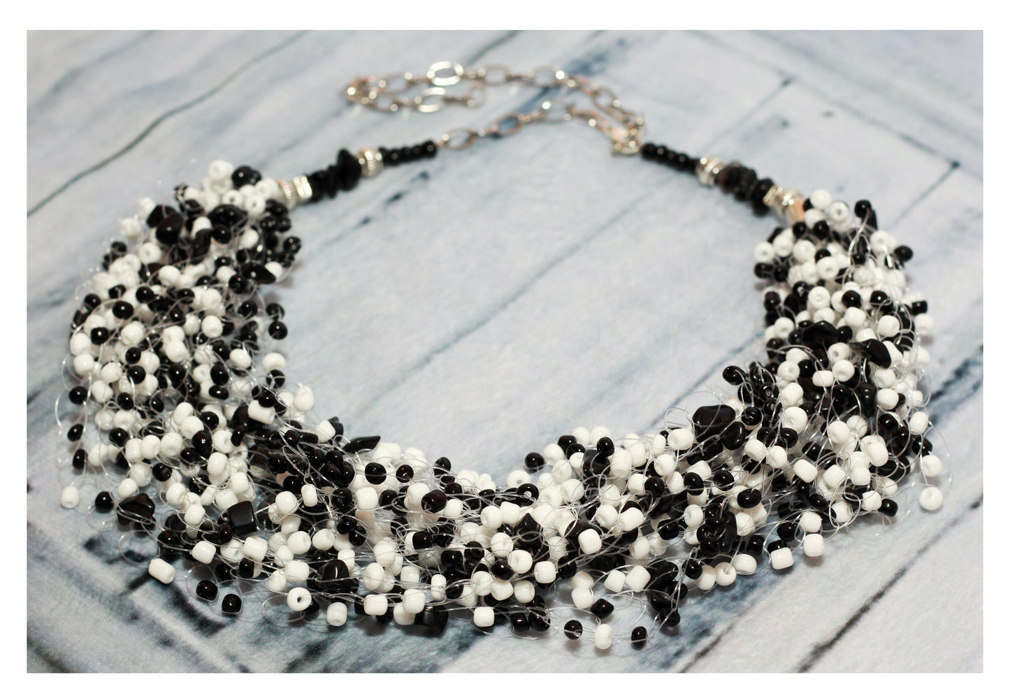 Black and White Beaded Jewelry Set - Statement Necklace and Bracelet - Boho Fashion Accessory