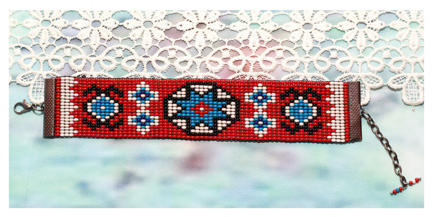 Red Blue Abstract Beaded Cuff Bracelet - Statement Jewelry - Gift for Her