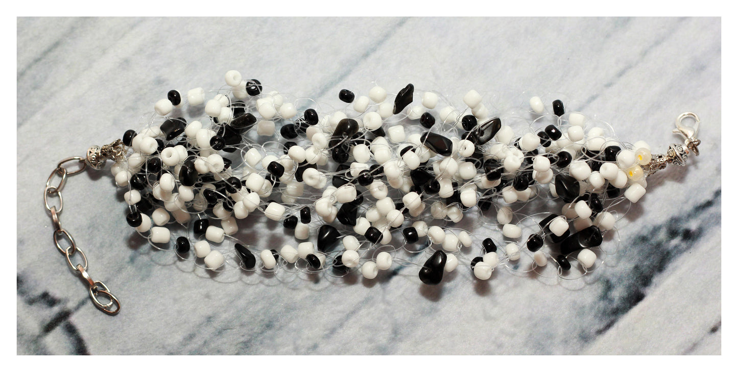 Black and White Beaded Jewelry Set - Statement Necklace and Bracelet - Boho Fashion Accessory