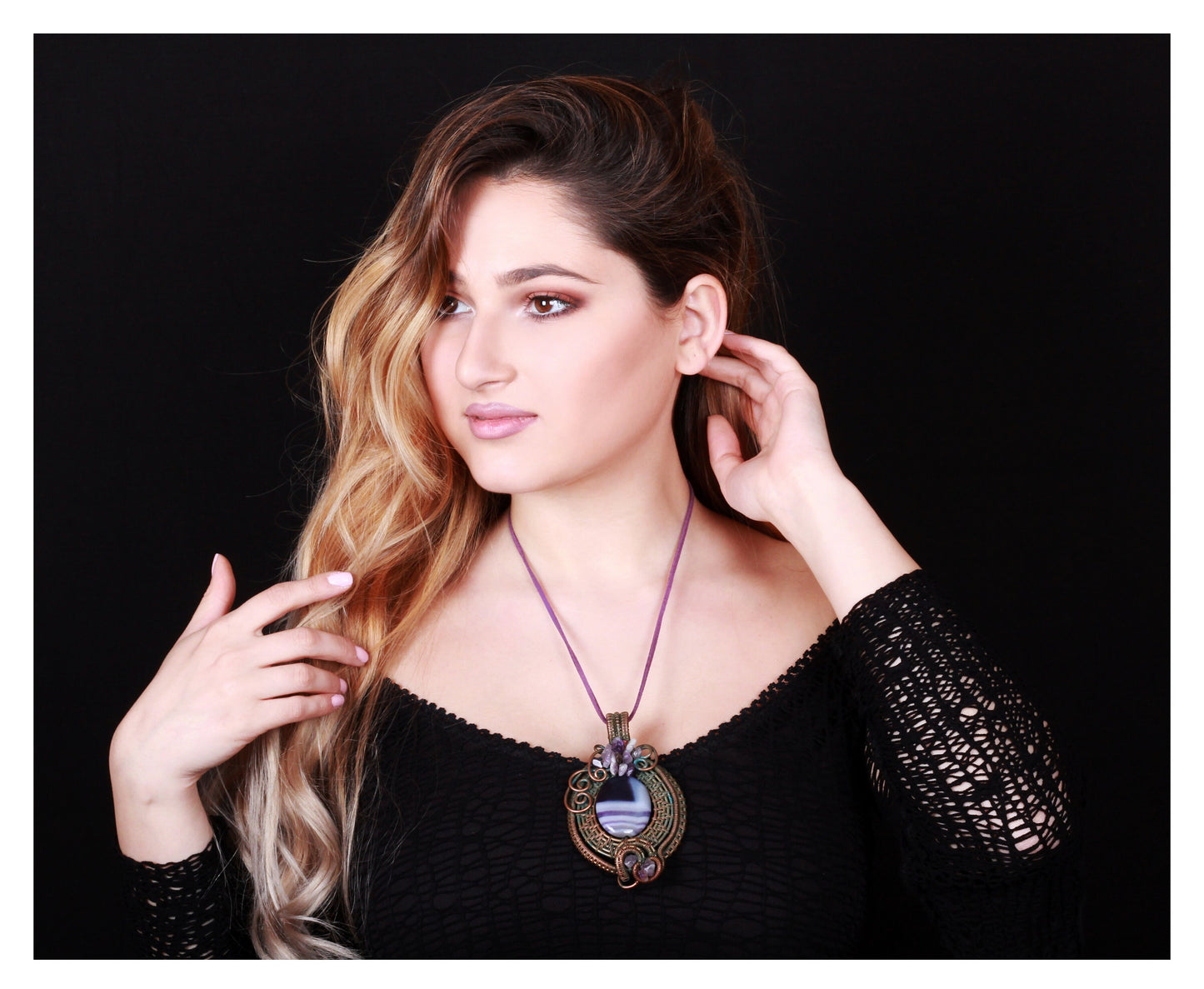 Wire-Wrapped Black Agate Pendant Large Oval Statement Necklace Handcrafted in Armenia
