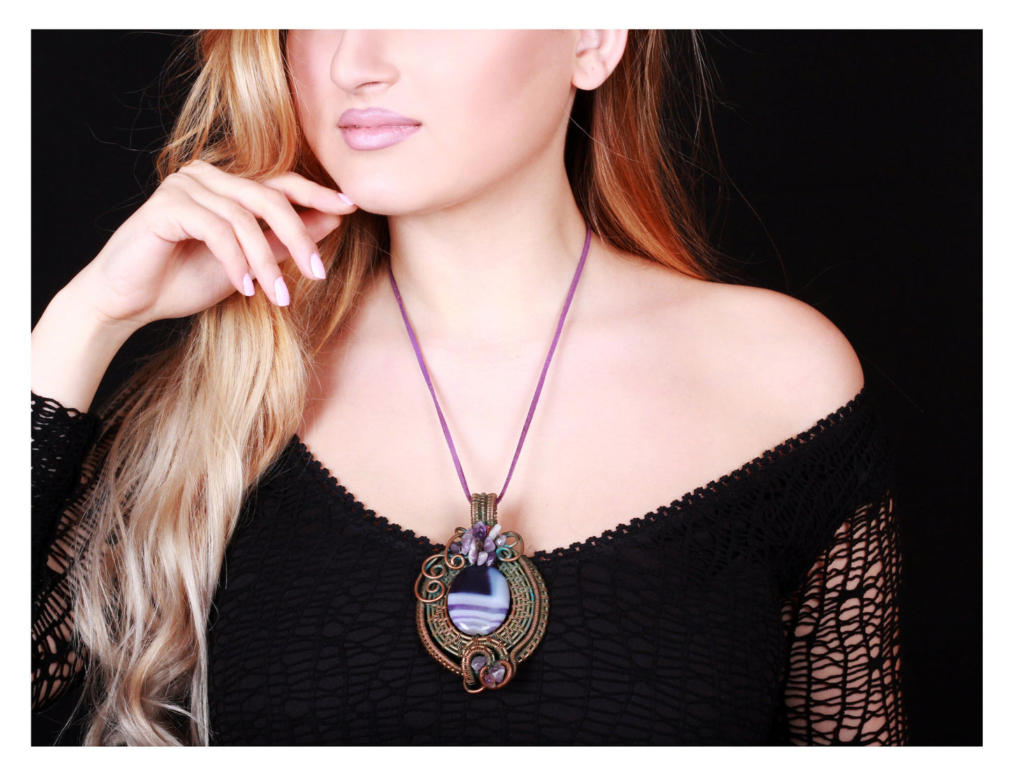 Wire-Wrapped Black Agate Pendant Large Oval Statement Necklace Handcrafted in Armenia