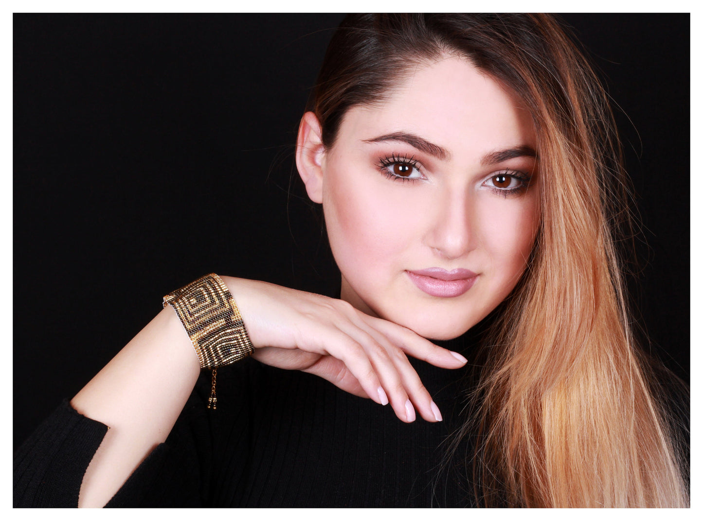 Handcrafted Golden Geometric Beaded Cuff Bracelet - Adjustable Wide Seed Bead Statement Jewelry