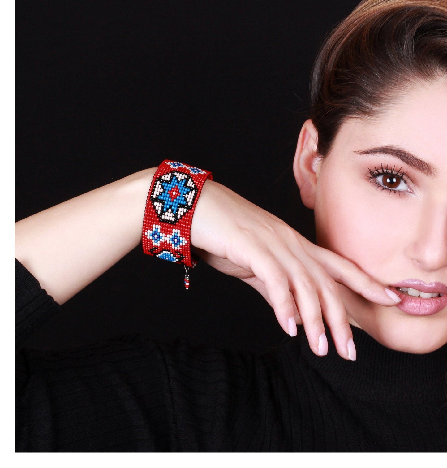 Red Blue Abstract Beaded Cuff Bracelet - Statement Jewelry - Gift for Her