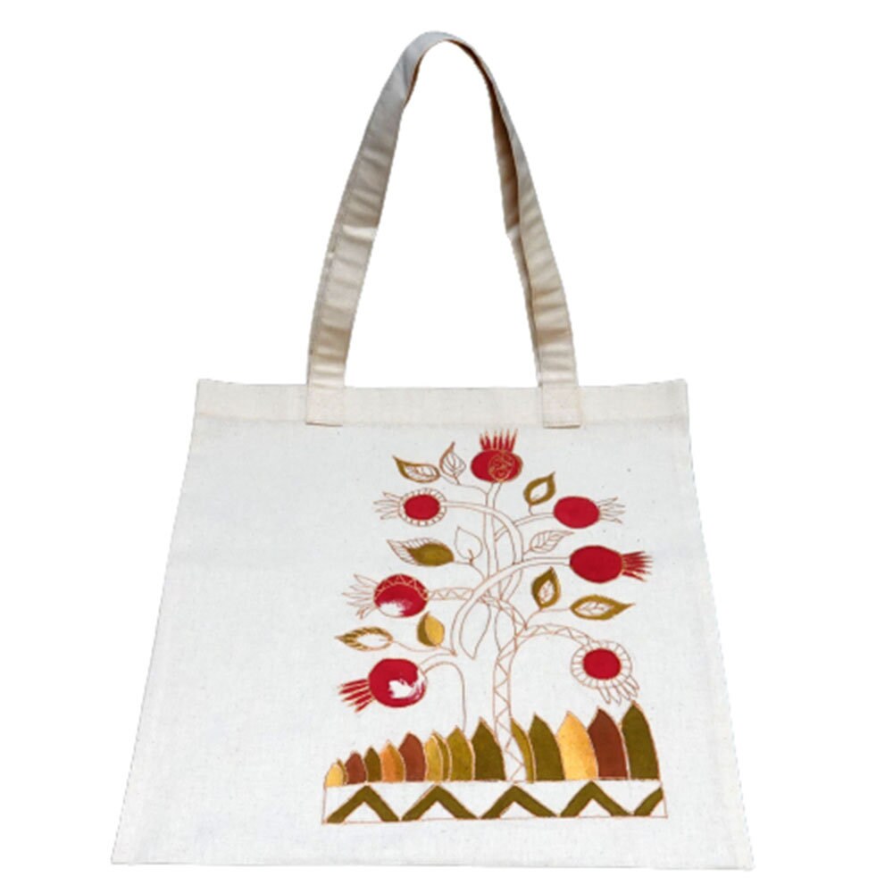 Handpainted Tote Bag - Flowers, Pomegranate, Spring Wreath - Farmers Market - Grocery Bag - Armenian Gift - Eco-friendly Canvas Shopping Bag