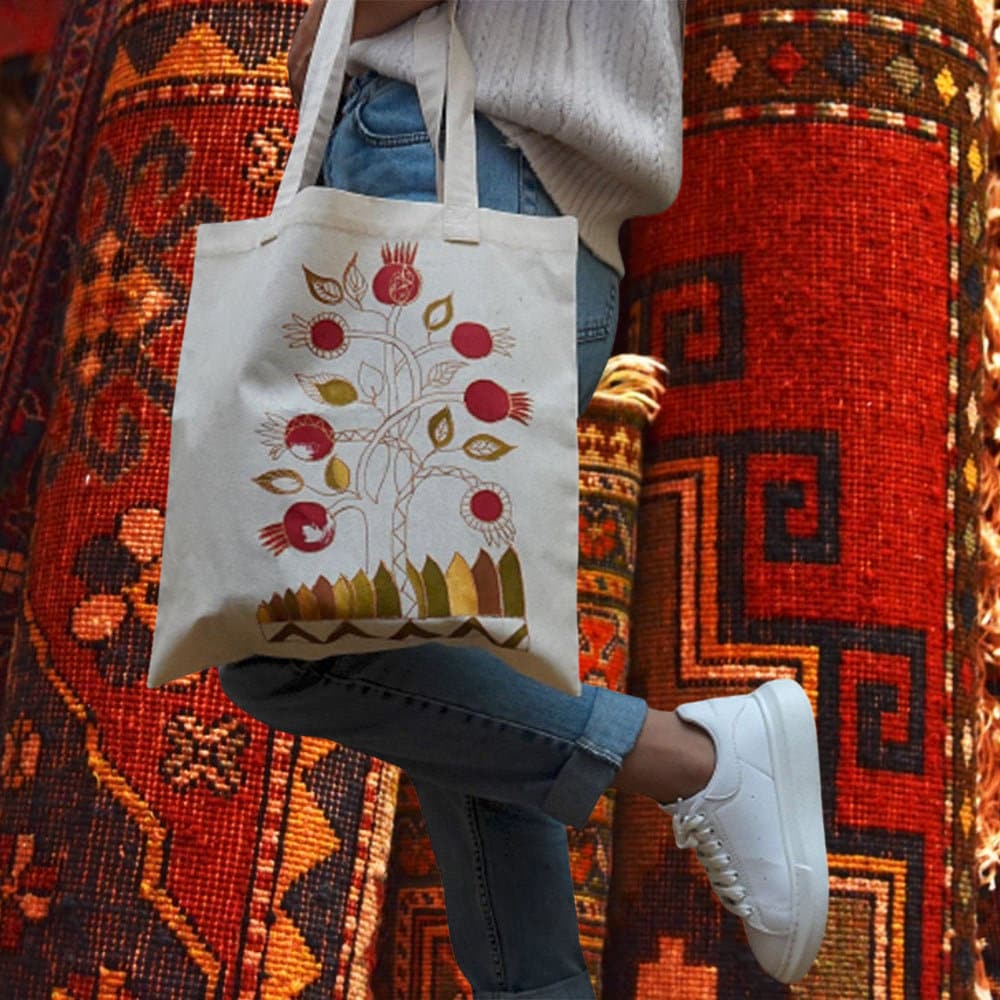 Handpainted Tote Bag - Flowers, Pomegranate, Spring Wreath - Farmers Market - Grocery Bag - Armenian Gift - Eco-friendly Canvas Shopping Bag