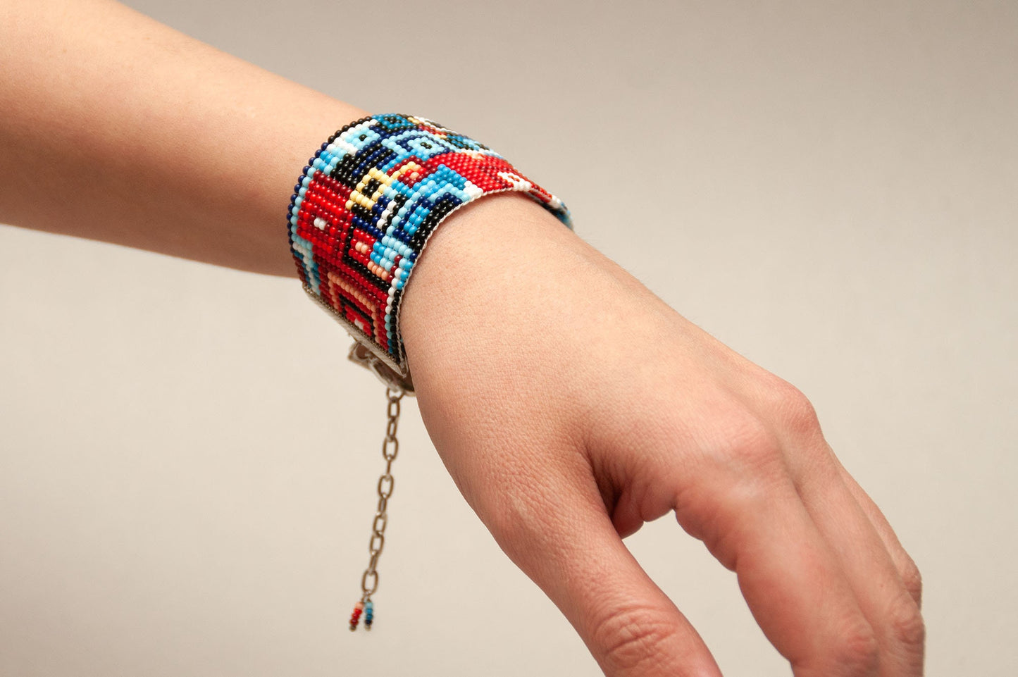 Handmade Geometric Bead Bracelet in Blue Black Red Aqua and Pink - Huichol Inspired Pattern - Gift for Her - Armenian Gift