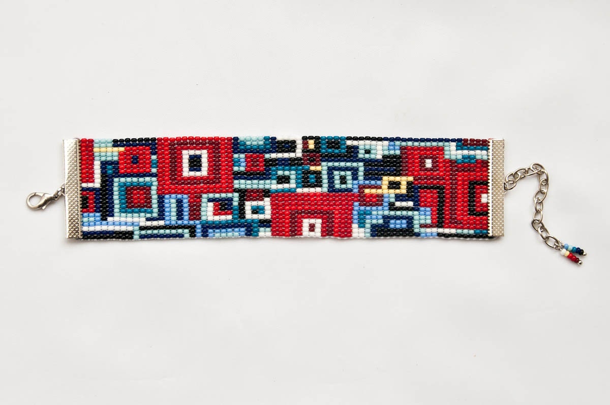 Handmade Geometric Bead Bracelet in Blue Black Red Aqua and Pink - Huichol Inspired Pattern - Gift for Her - Armenian Gift