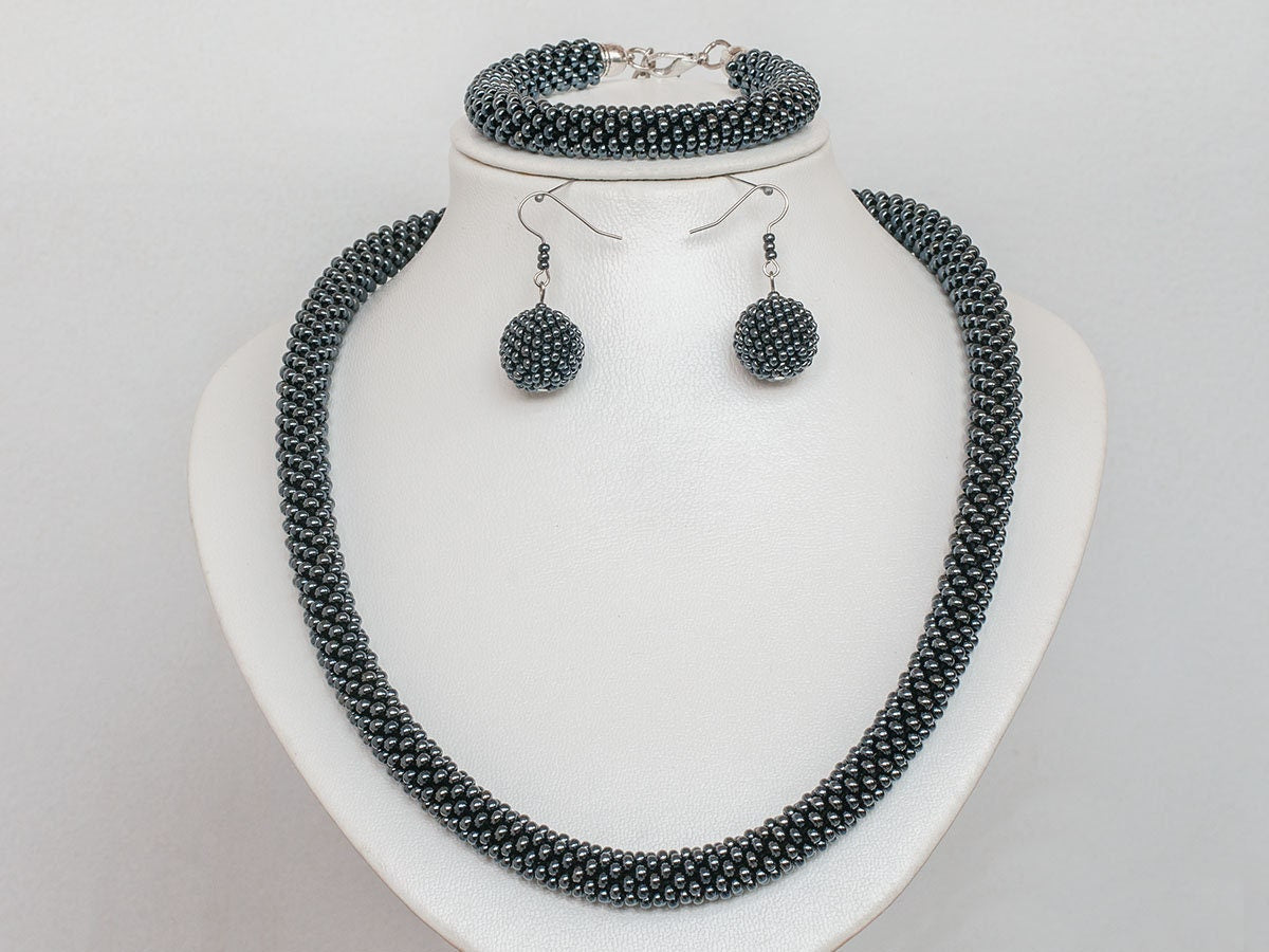 Black Beaded Necklace Set - Timeless Formal Jewelry - Necklace Bracelet Earrings - Elegant Design