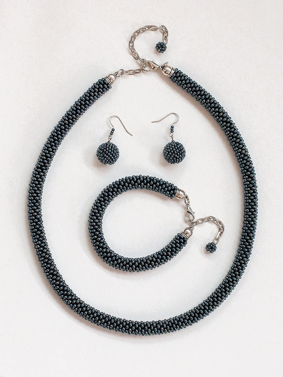 Black Beaded Necklace Set - Timeless Formal Jewelry - Necklace Bracelet Earrings - Elegant Design
