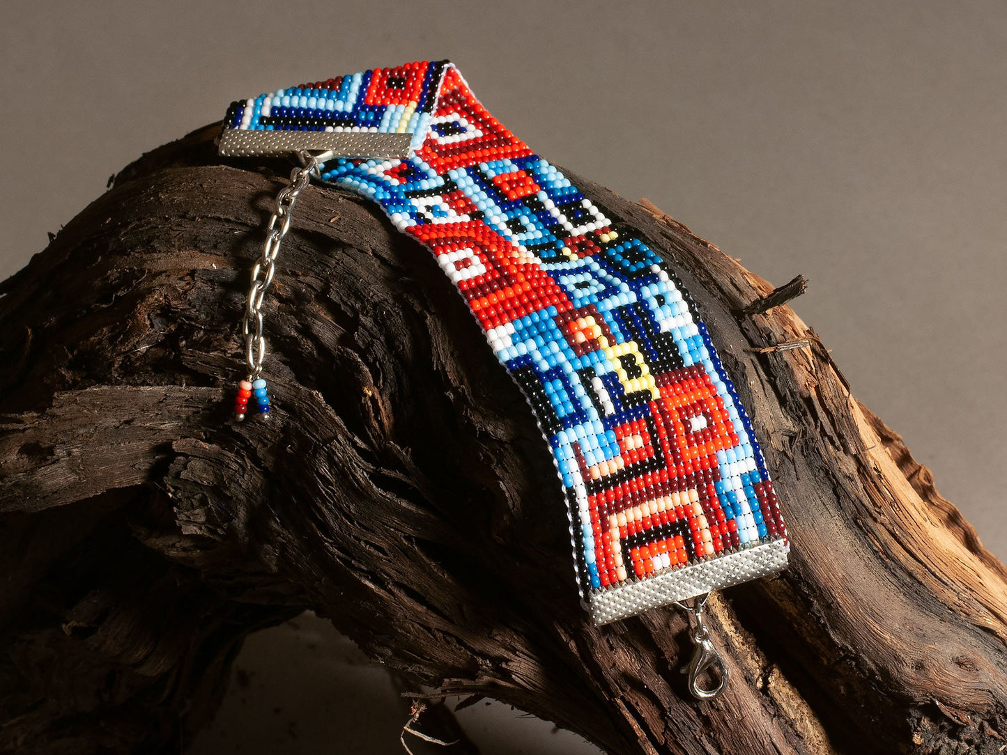 Handmade Geometric Bead Bracelet in Blue Black Red Aqua and Pink - Huichol Inspired Pattern - Gift for Her - Armenian Gift