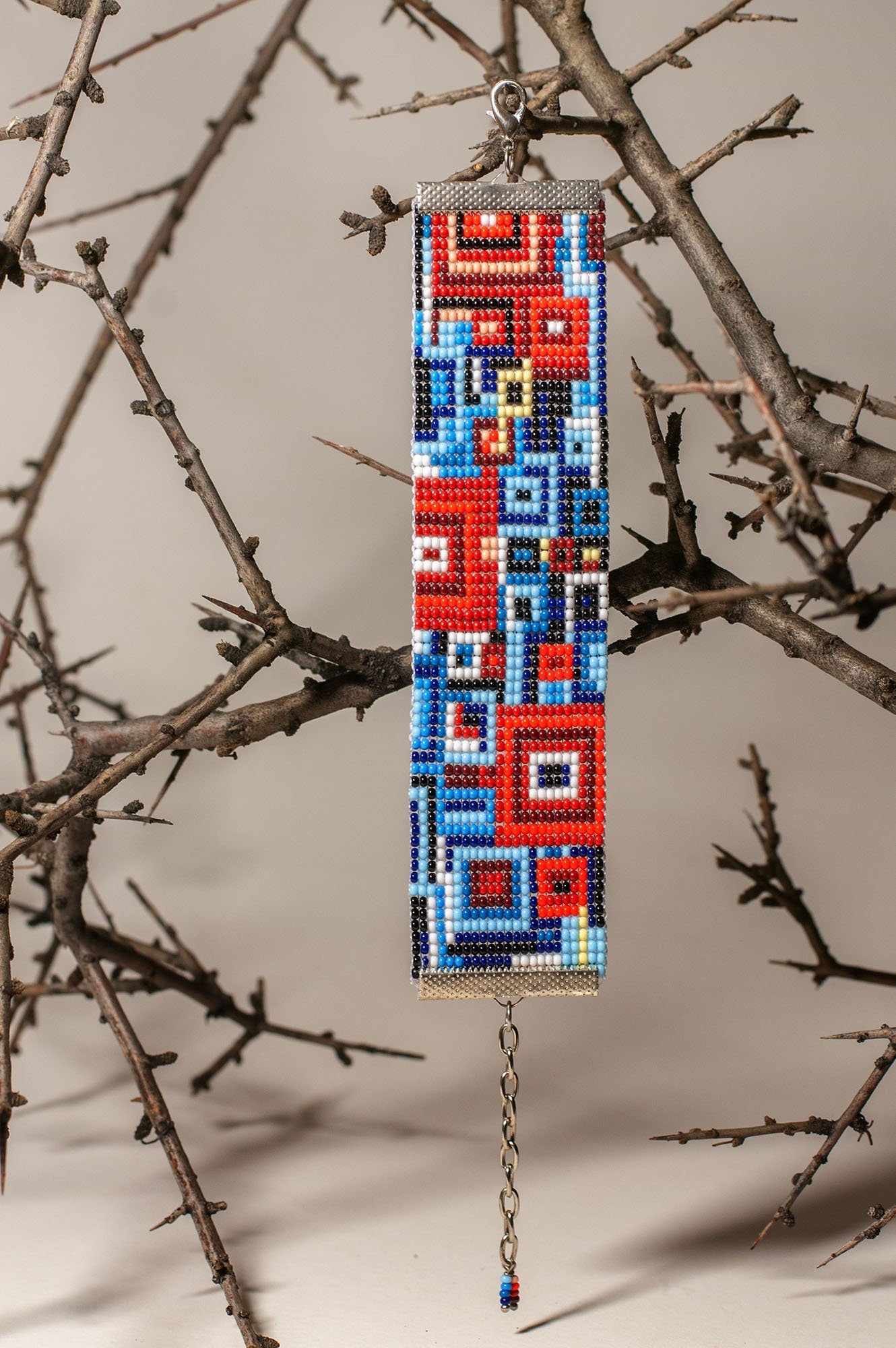 Handmade Geometric Bead Bracelet in Blue Black Red Aqua and Pink - Huichol Inspired Pattern - Gift for Her - Armenian Gift
