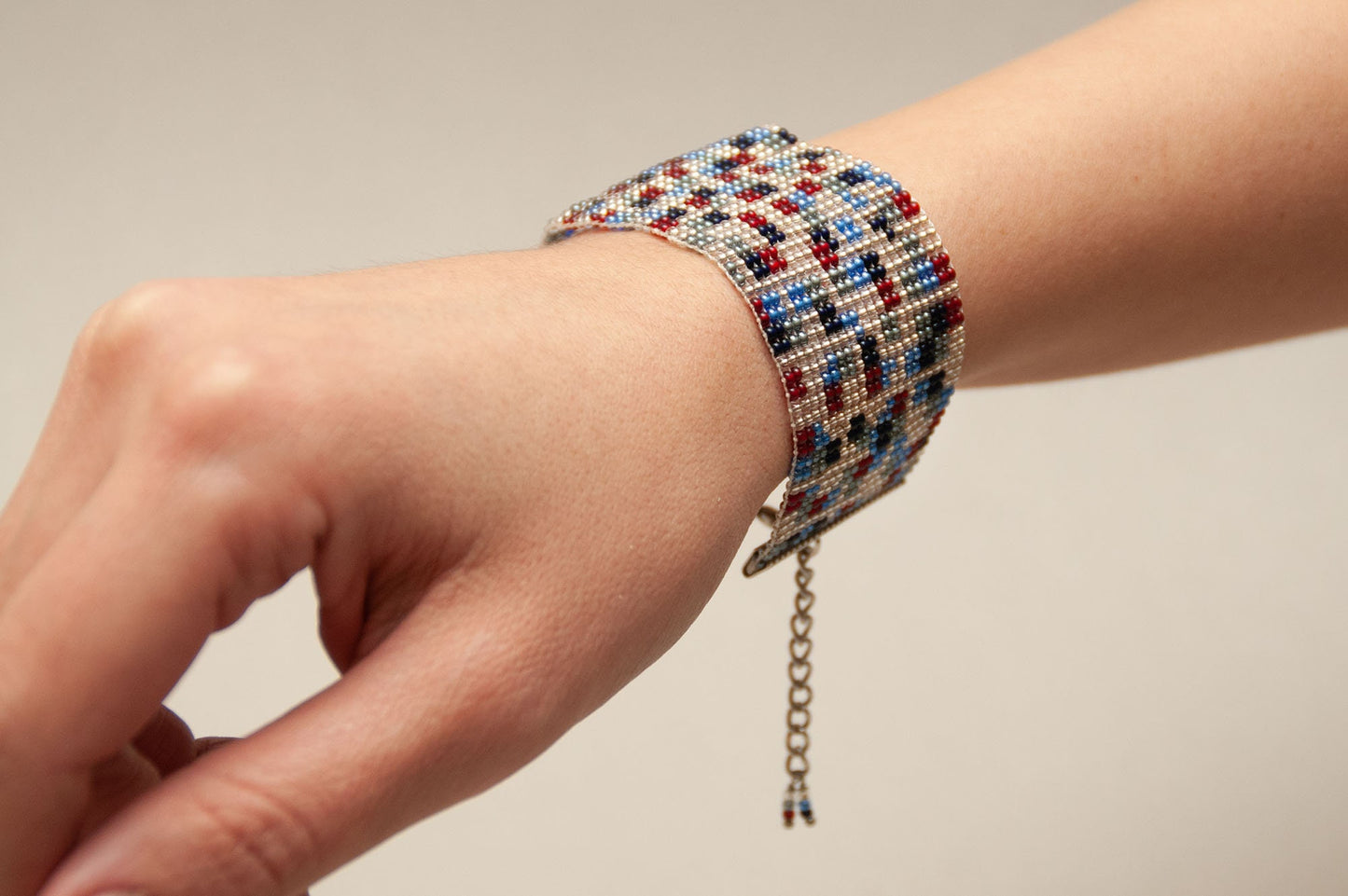Handmade Armenian Geometric Bead Bracelet in Red Blue White and Aqua - Armenian Gift Arts and Jewelry