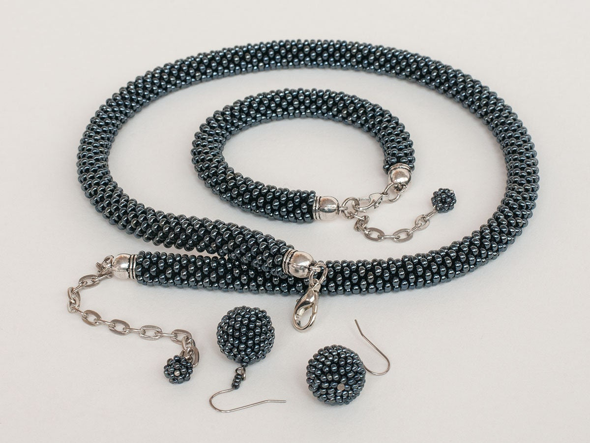 Black Beaded Necklace Set - Timeless Formal Jewelry - Necklace Bracelet Earrings - Elegant Design
