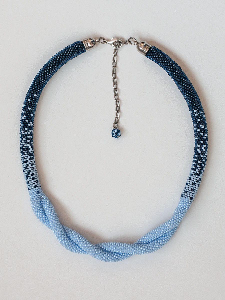 Blue Ombre Infinity Twist Knot Necklace - Statement Crochet Rope for Weddings