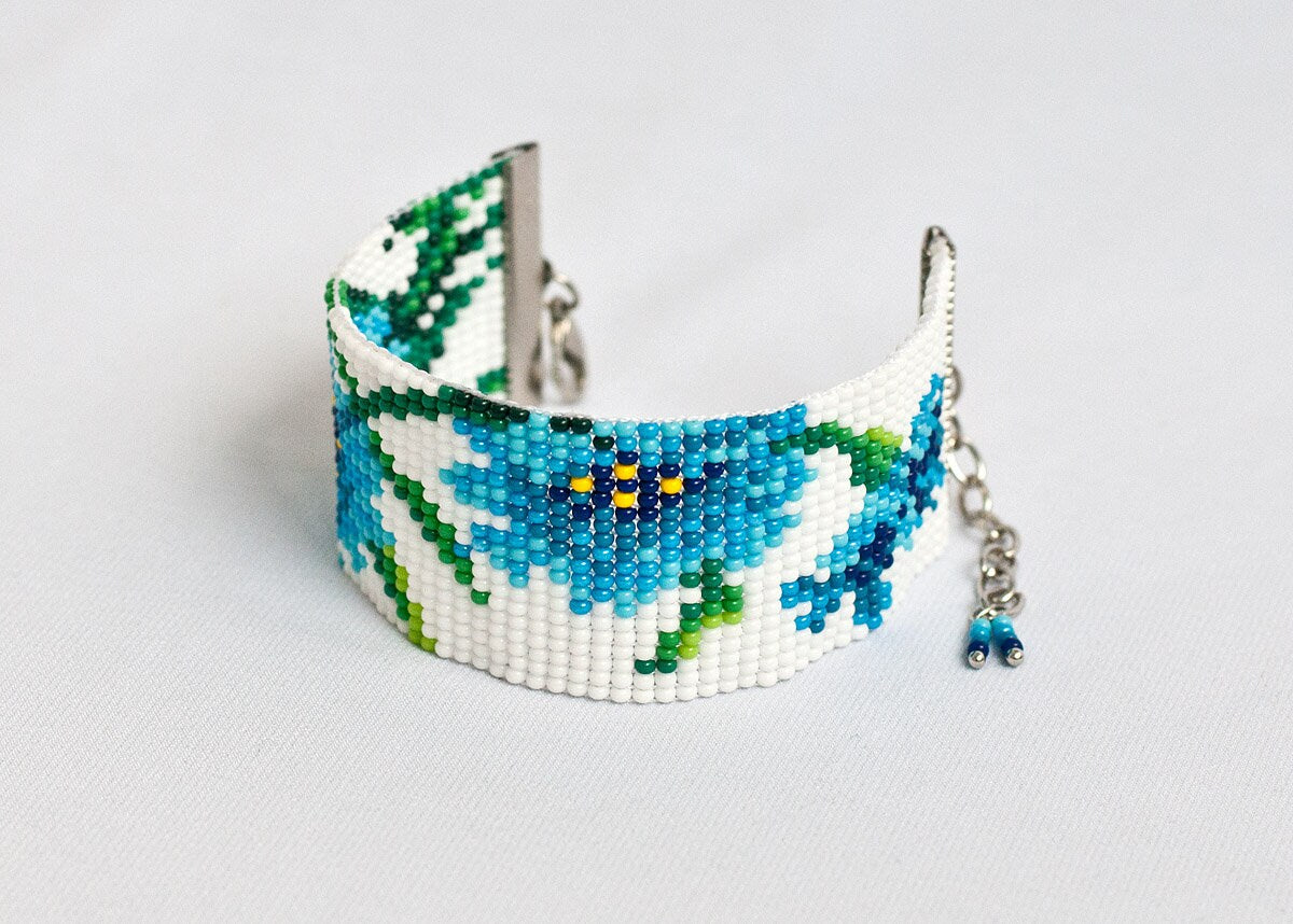 Blue Flower Bracelet, Beaded Cuff Bracelet, Summer Jewelry, Floral Bracelet, Wedding Bracelet, Armenian Gift, Bridesmaid Gift, Beach Jewelry