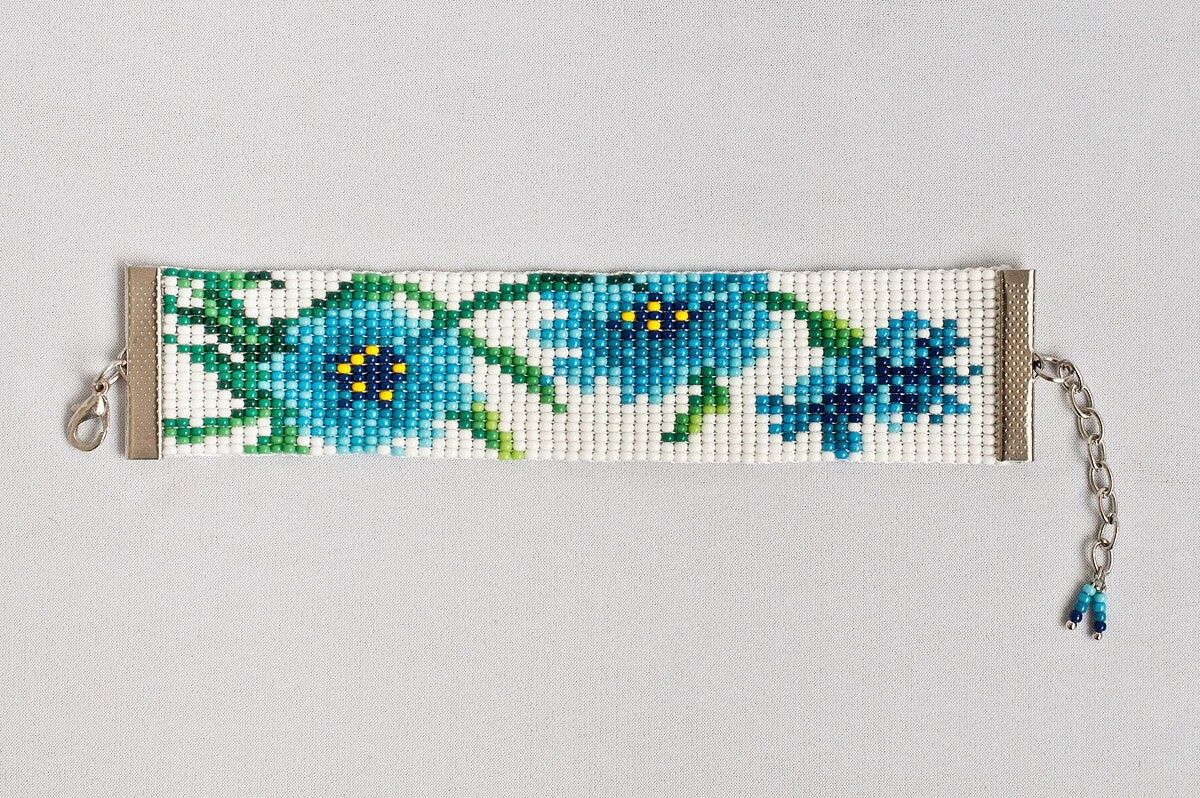 Blue Flower Bracelet, Beaded Cuff Bracelet, Summer Jewelry, Floral Bracelet, Wedding Bracelet, Armenian Gift, Bridesmaid Gift, Beach Jewelry