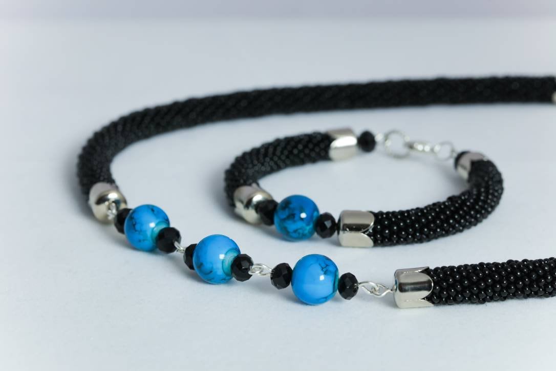 Handmade Black Czech Rope Necklace Bracelet Set with Turquoise Beads - Statement Jewelry