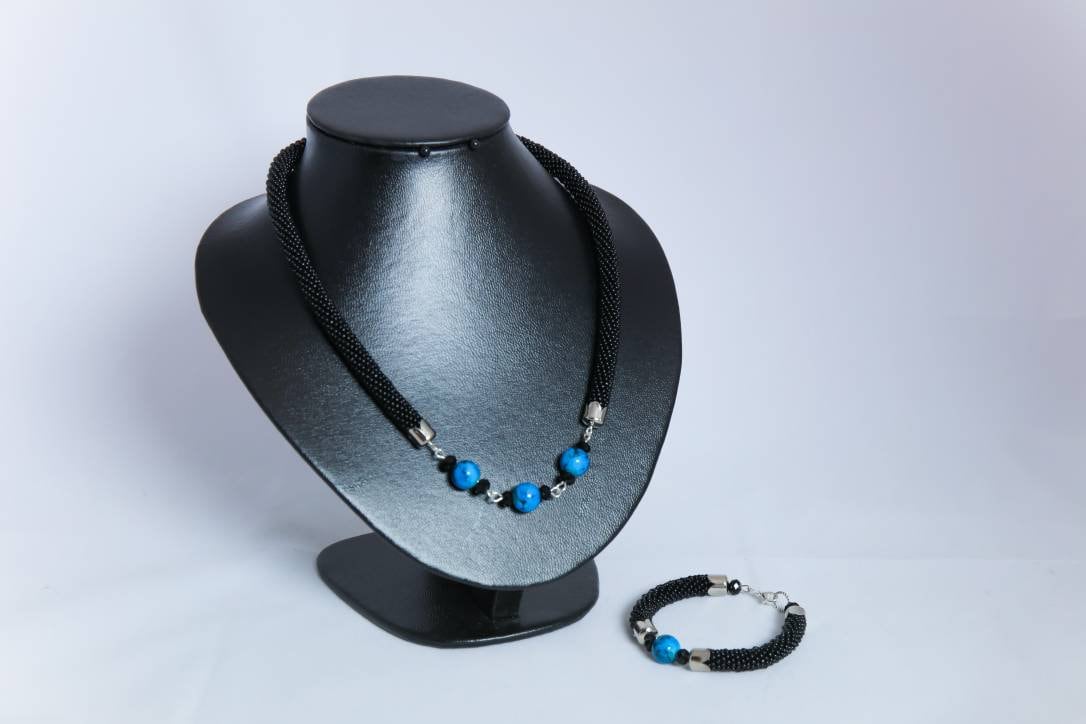 Handmade Black Czech Rope Necklace Bracelet Set with Turquoise Beads - Statement Jewelry
