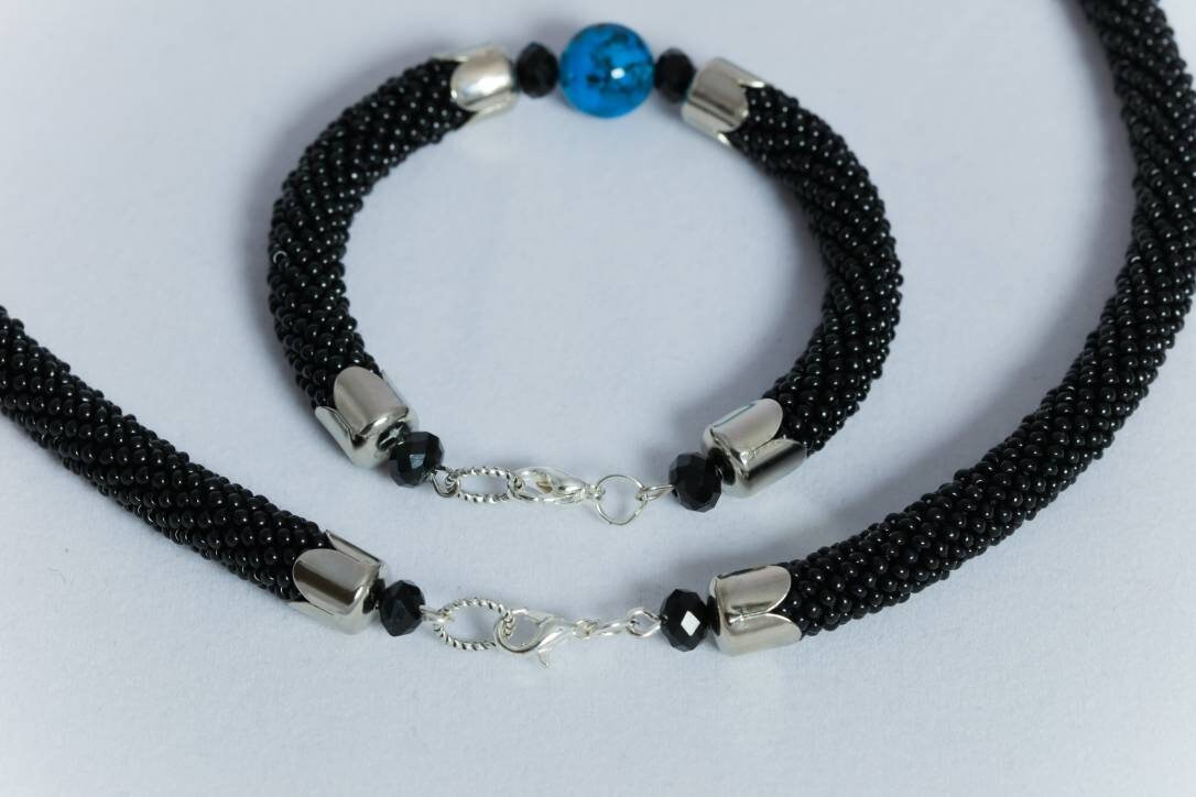 Handmade Black Czech Rope Necklace Bracelet Set with Turquoise Beads - Statement Jewelry