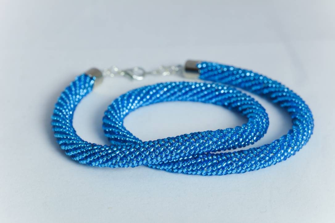 Sky Blue Czech Bead Crochet Necklace for Elegant Evening Bridesmaids Gift or Turquoise Wedding Jewelry