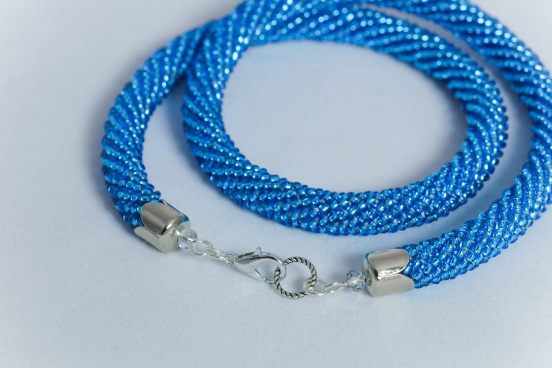 Sky Blue Czech Bead Crochet Necklace for Elegant Evening Bridesmaids Gift or Turquoise Wedding Jewelry