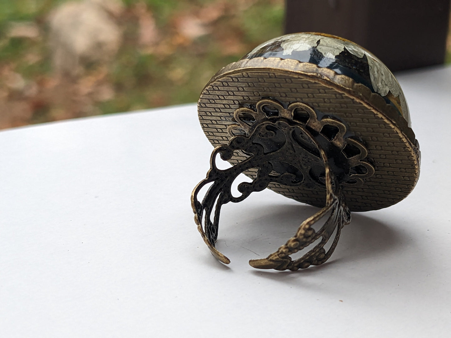 Natural Dried Daisy from the Mountains of Armenia - Filigree Bubble Ring - Cocktail Large Ring - Botanical - Adjustable Ring - Floral Ring