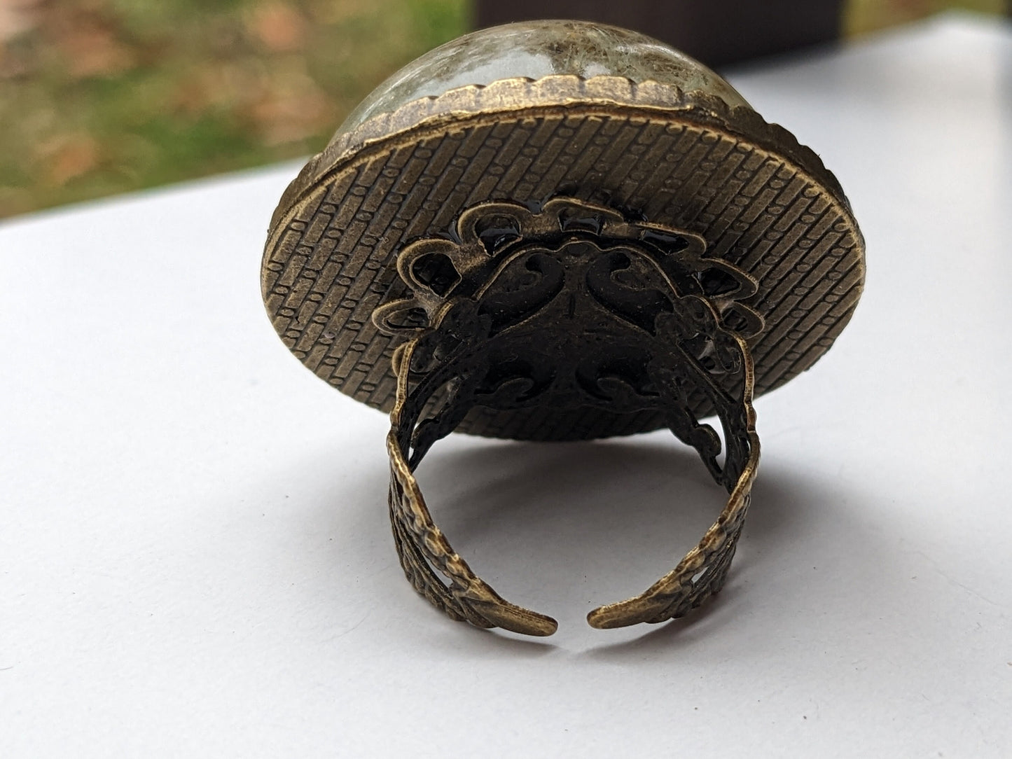 Dandelion Naturally Dried Flower Armenian Fields Filigree Antique Brass Ring - Handcrafted Botanical - Real Floral - Bohemian Style