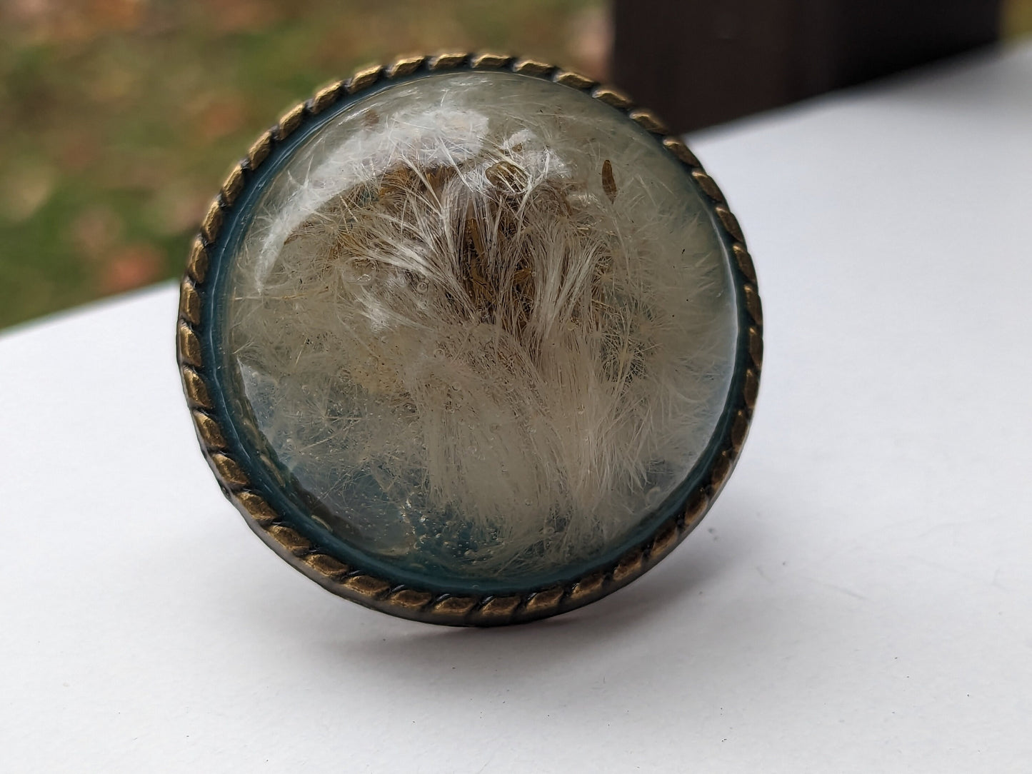 Dandelion Naturally Dried Flower Armenian Fields Filigree Antique Brass Ring - Handcrafted Botanical - Real Floral - Bohemian Style