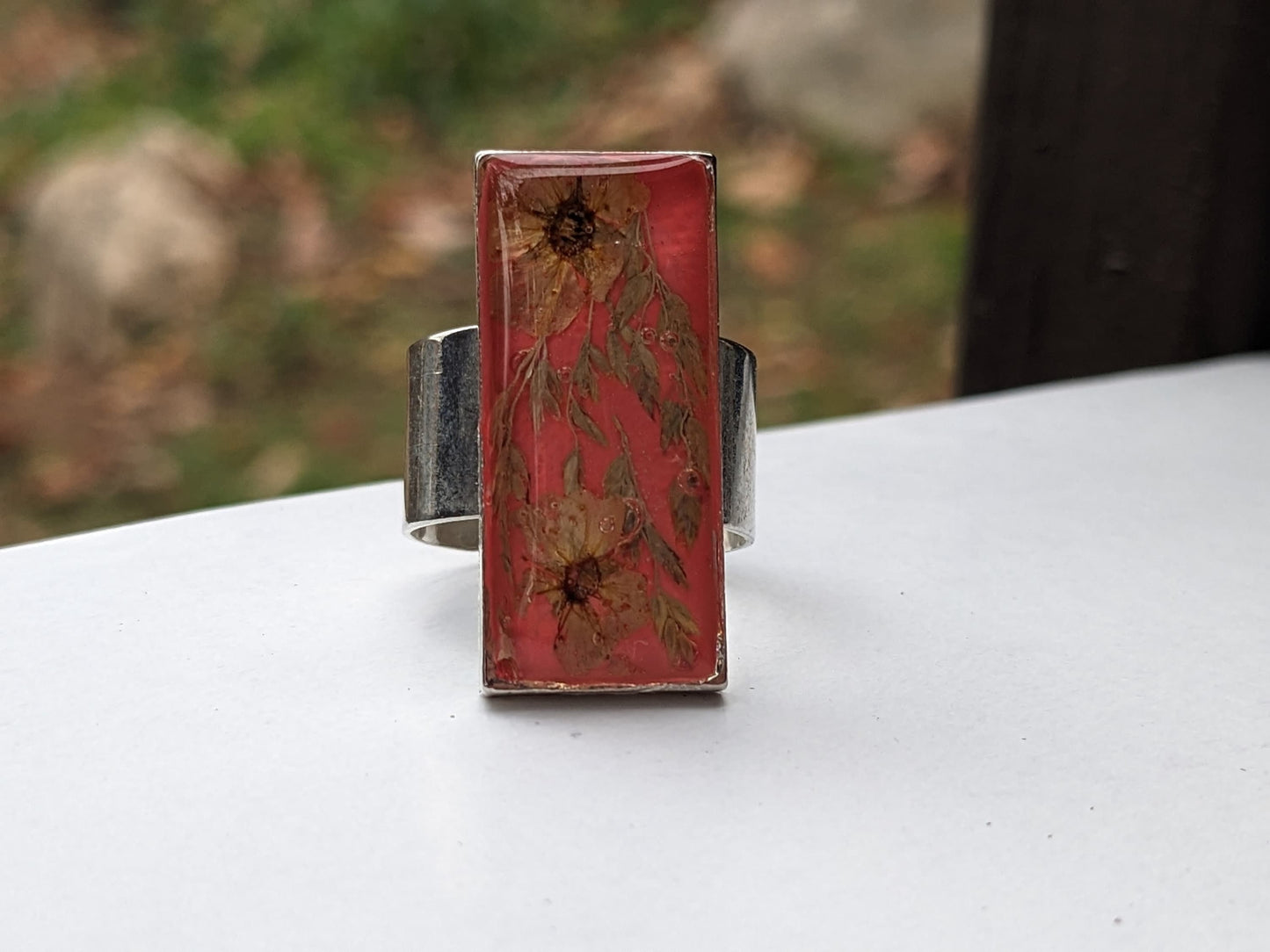 Deep Pink Rectangle Modern Ring with Natural Dried Flowers from Armenia - Unique Botanical Jewelry - Artisan Statement Ring