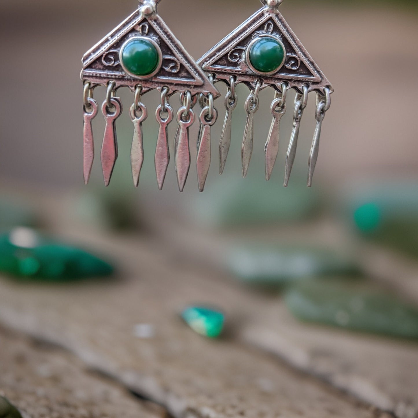 Bohemian Dangle Earrings with Natural Green Triangle Geometric Arrows - Primitive and Trendy Jewelry for an Eco-Friendly Fashion Statement