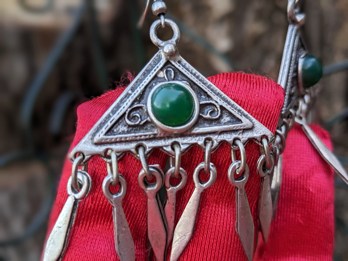Bohemian Dangle Earrings with Natural Green Triangle Geometric Arrows - Primitive and Trendy Jewelry for an Eco-Friendly Fashion Statement