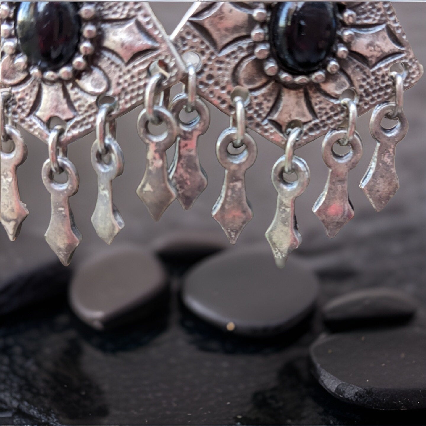 Black Natural Dangle Triangle Earrings - Armenian Earrings, Bohemian Jewelry, Filigri Earrings