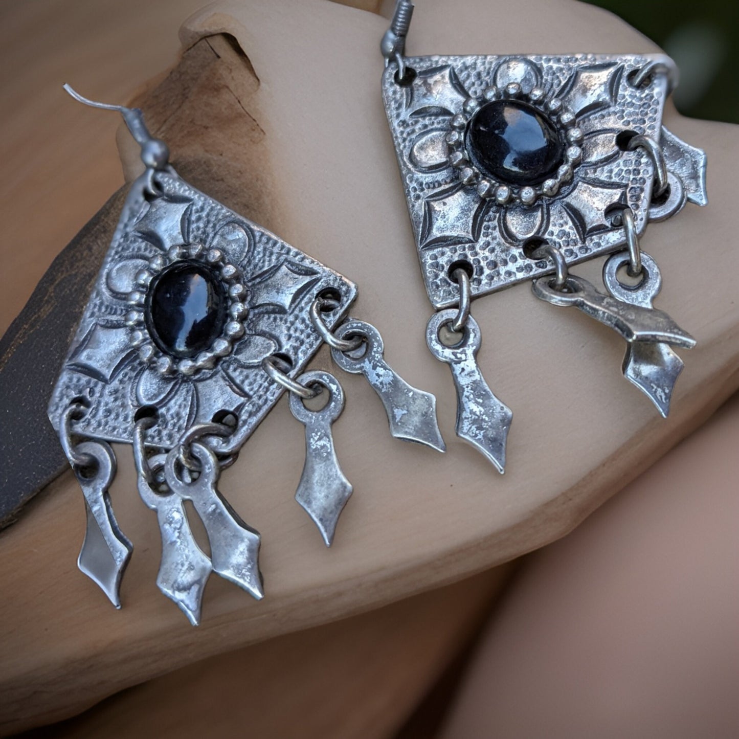 Black Natural Dangle Triangle Earrings - Armenian Earrings, Bohemian Jewelry, Filigri Earrings