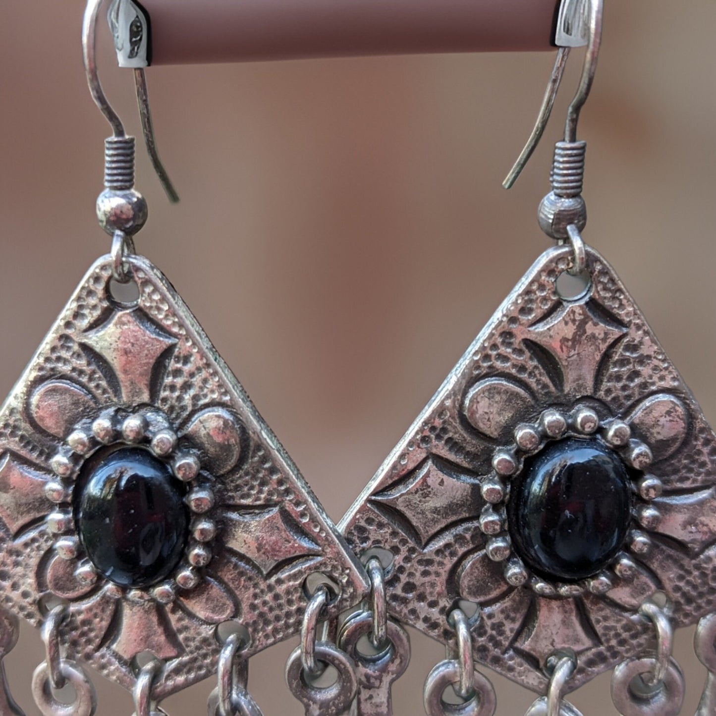 Black Natural Dangle Triangle Earrings - Armenian Earrings, Bohemian Jewelry, Filigri Earrings
