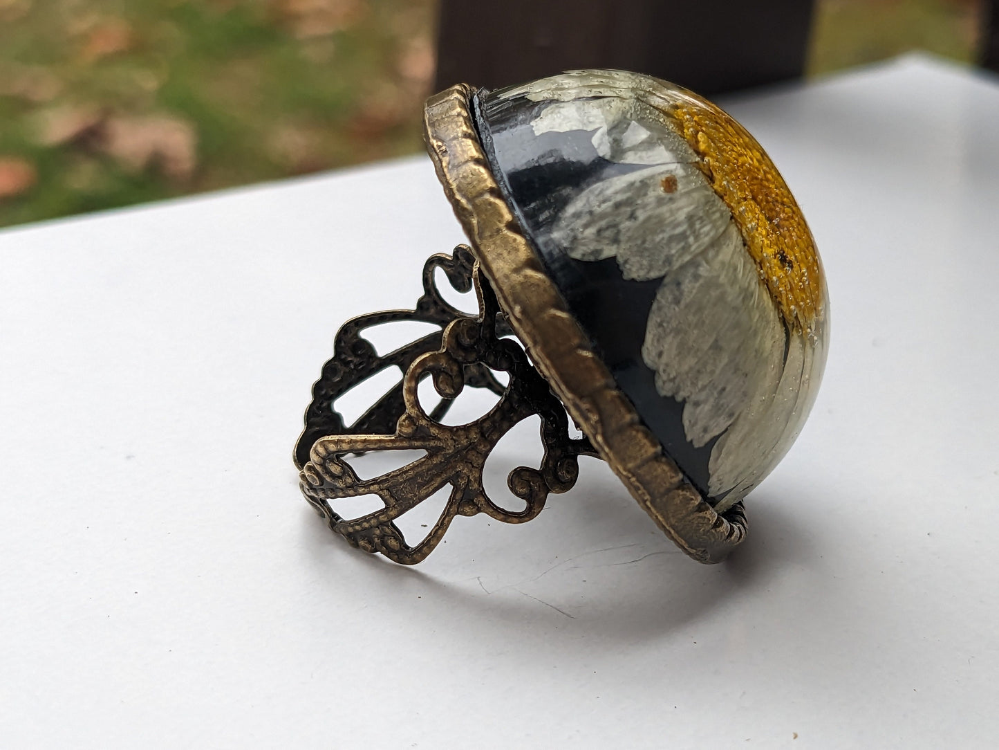 Natural Dried Daisy from the Mountains of Armenia - Filigree Bubble Ring - Cocktail Large Ring - Botanical - Adjustable Ring - Floral Ring