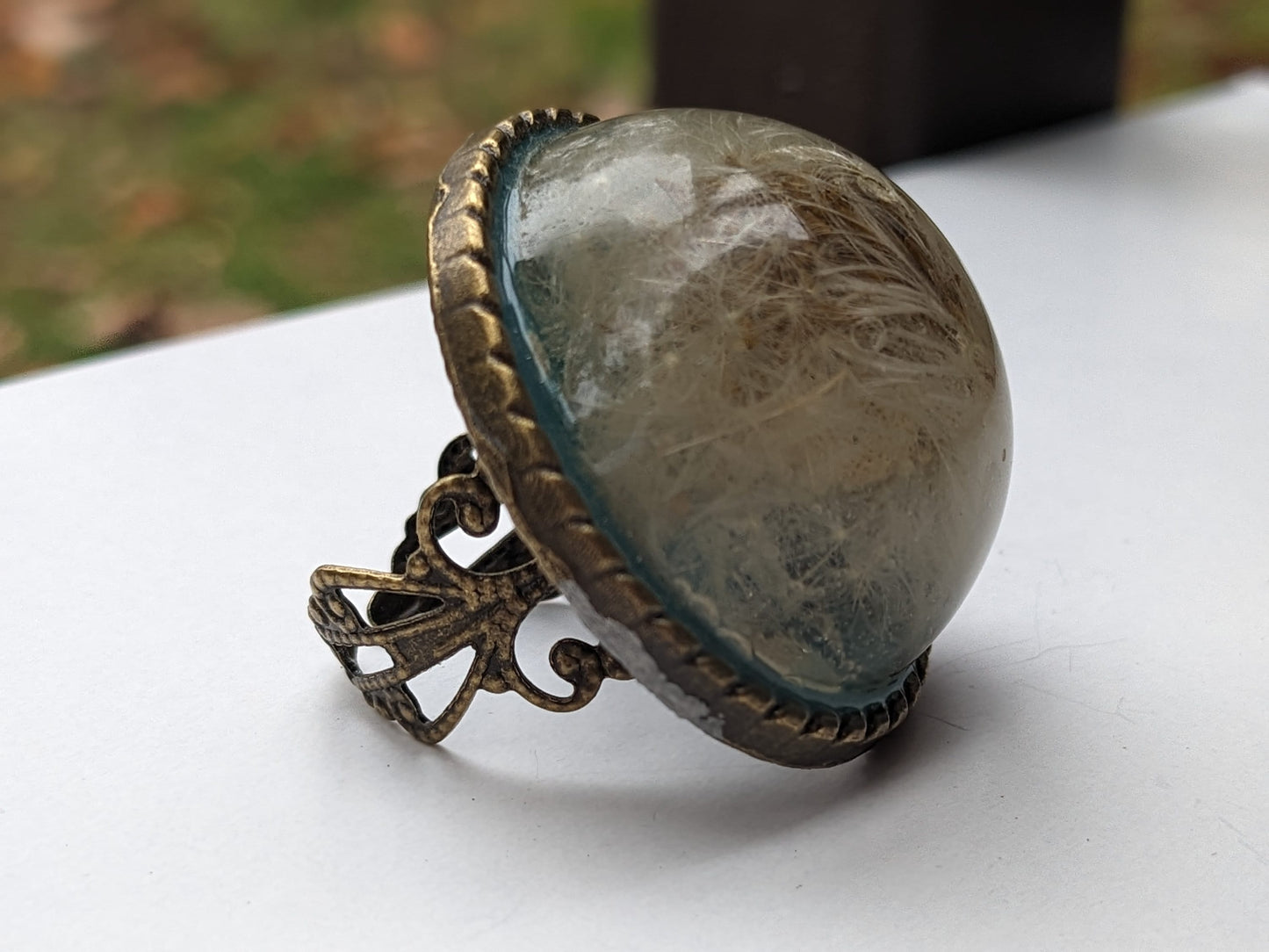 Dandelion Naturally Dried Flower Armenian Fields Filigree Antique Brass Ring - Handcrafted Botanical - Real Floral - Bohemian Style