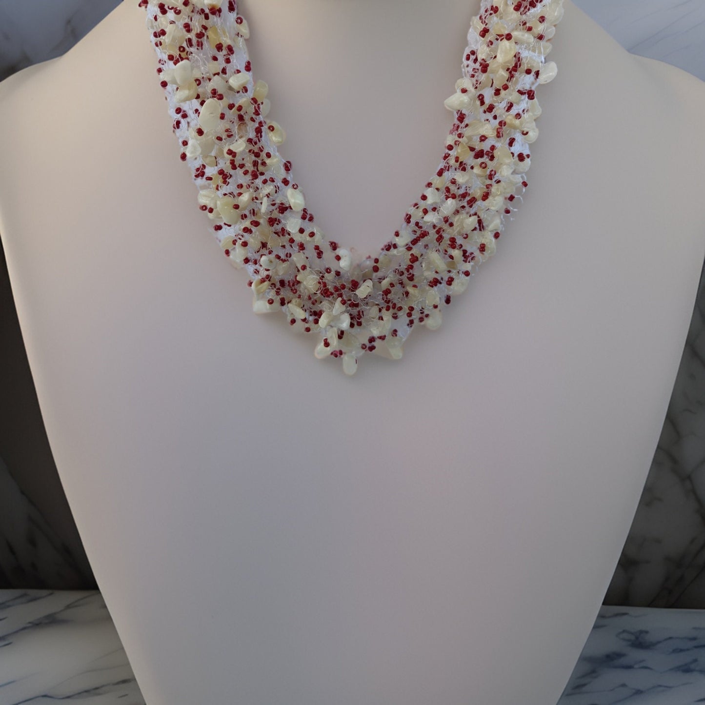 Red and White Natural Stones and Beads Air Necklace - Bridal Jewelry - Handcrafted Elegance - Unique Statement Piece for Special Occasions