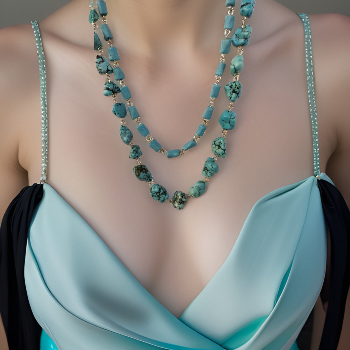 Natural Stones Shades of Blue & Sky Blue Beaded Statement Necklace - One of a Kind Handcrafted Jewelry - Unique Boho Chic Fashion Accessory