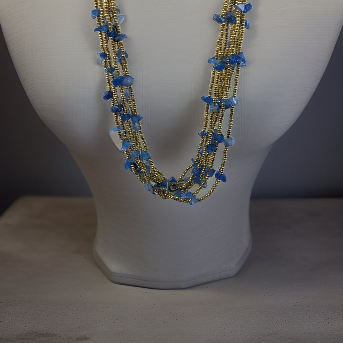 Navy Blue Gold Statement Necklace - Midnight Blue Multi-Strand with Stunning Gold Seed beads - Luxurious Perfect for Special Occasions