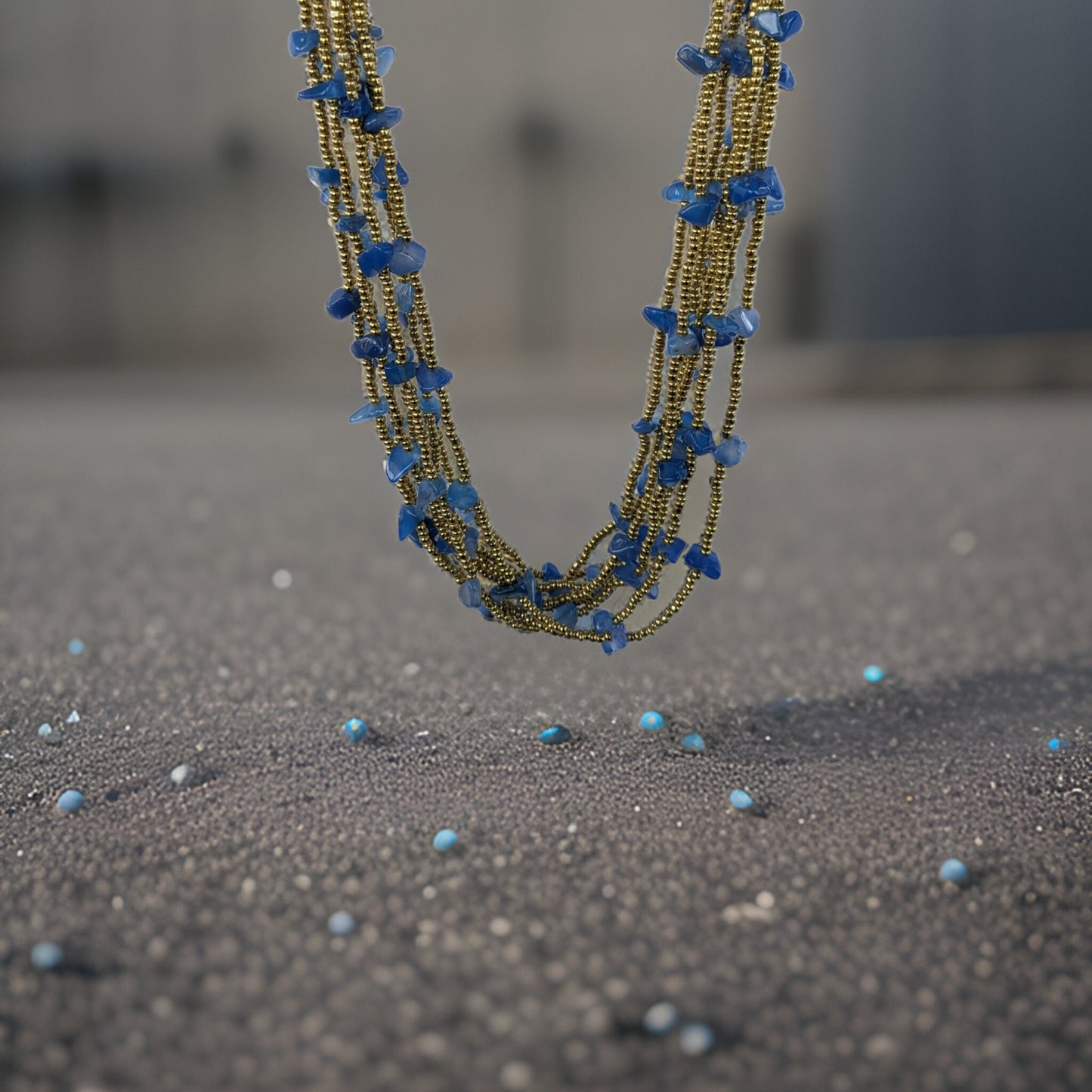 Navy Blue Gold Statement Necklace - Midnight Blue Multi-Strand with Stunning Gold Seed beads - Luxurious Perfect for Special Occasions