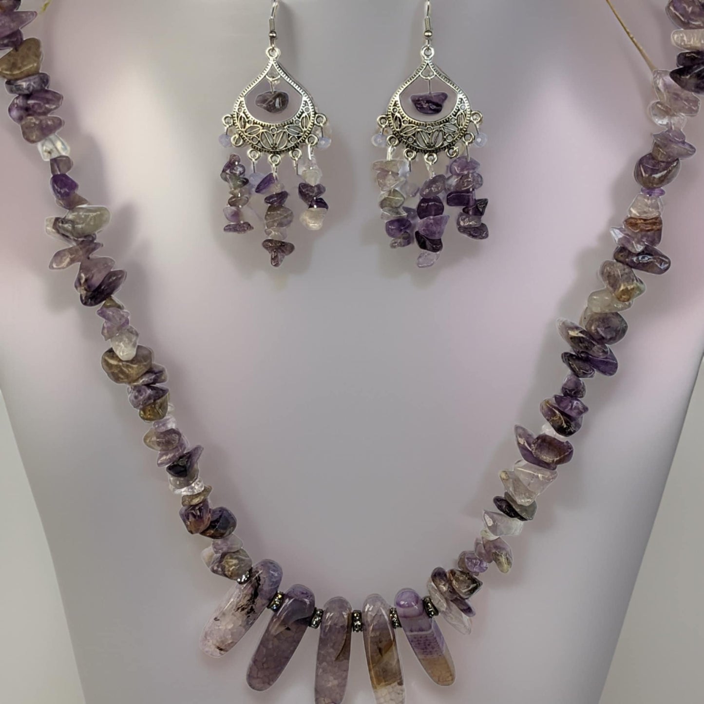 Earthy Purple Jade Beads Necklace with Chandelier Earrings Set - One-of-a-Kind Jewelry - For Any Occasion - Express Shipping Available