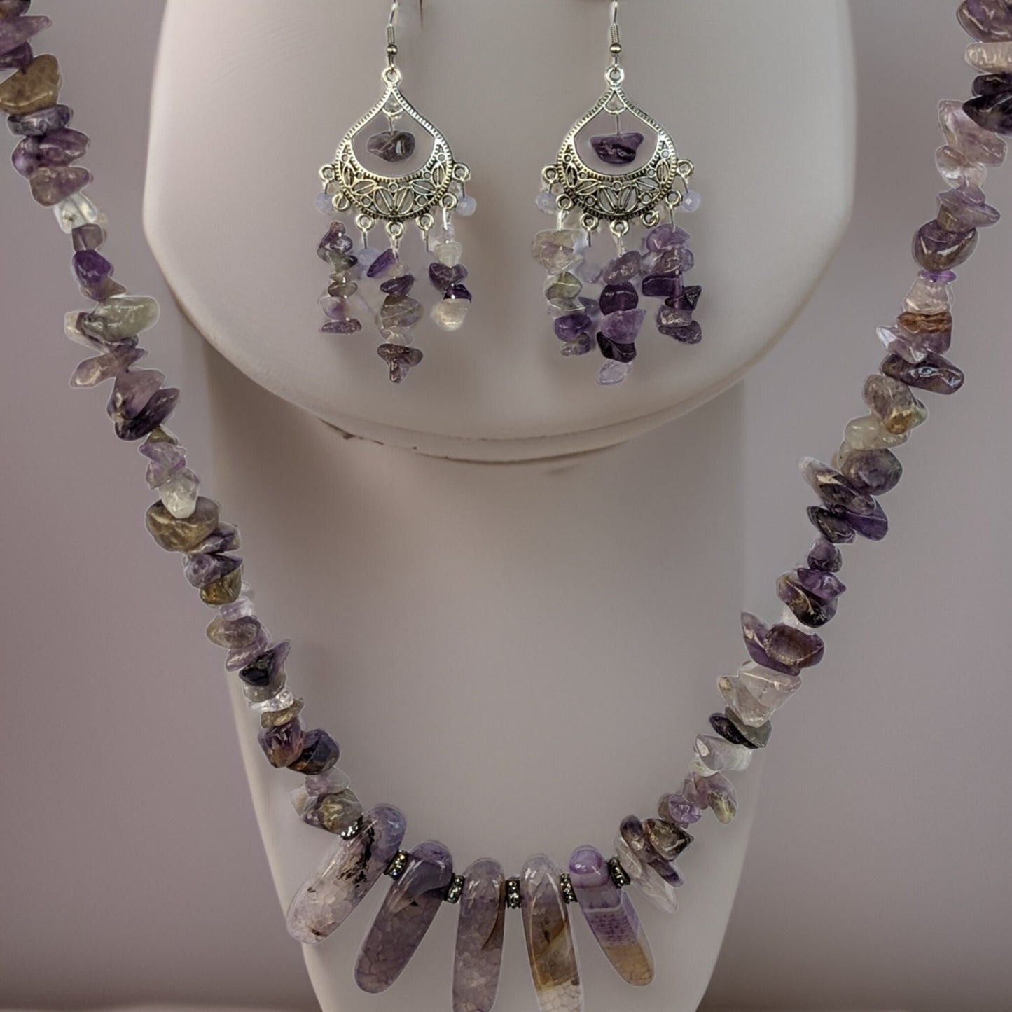 Earthy Purple Jade Beads Necklace with Chandelier Earrings Set - One-of-a-Kind Jewelry - For Any Occasion - Express Shipping Available