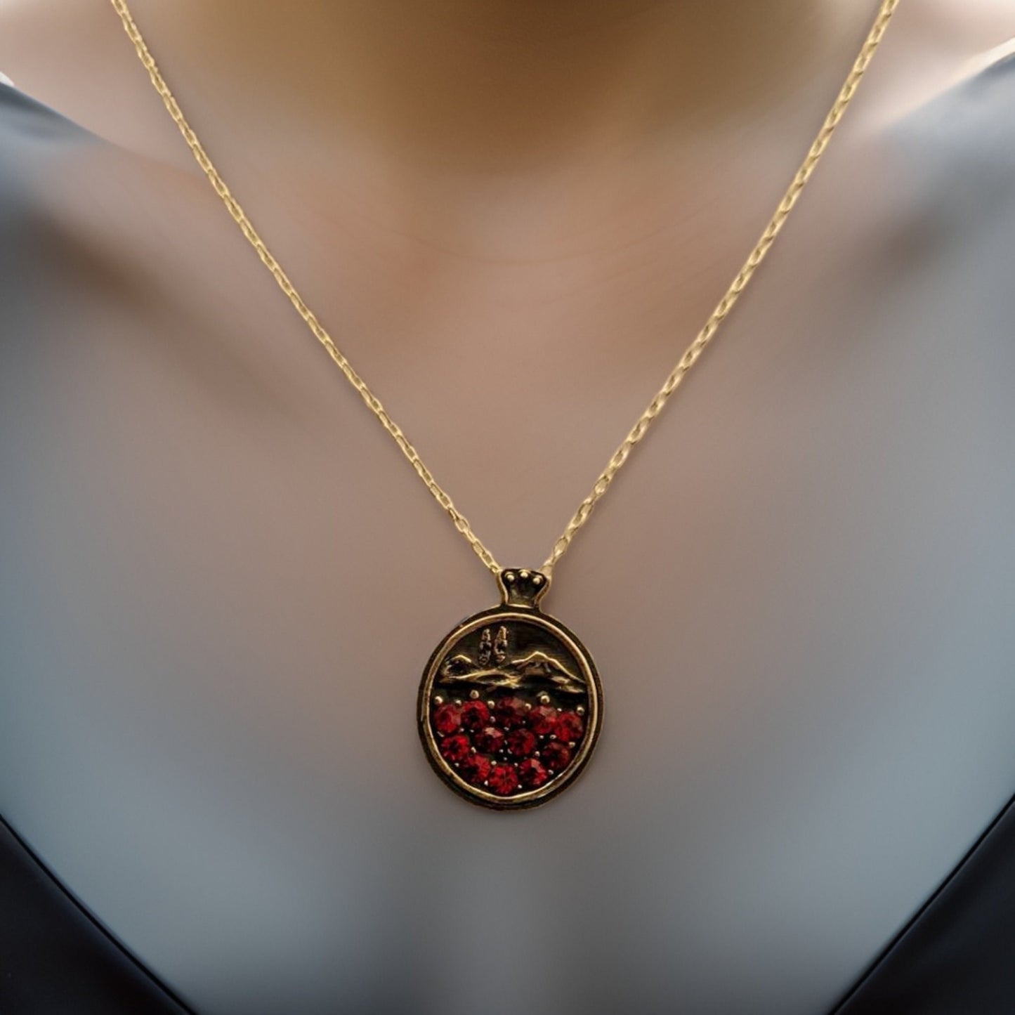 Sterling Silver Red Garnet Necklace with Armenian Church & Monastery Motifs, Inspired by Majestic Mount Ararat - Unique Jewelry Gift