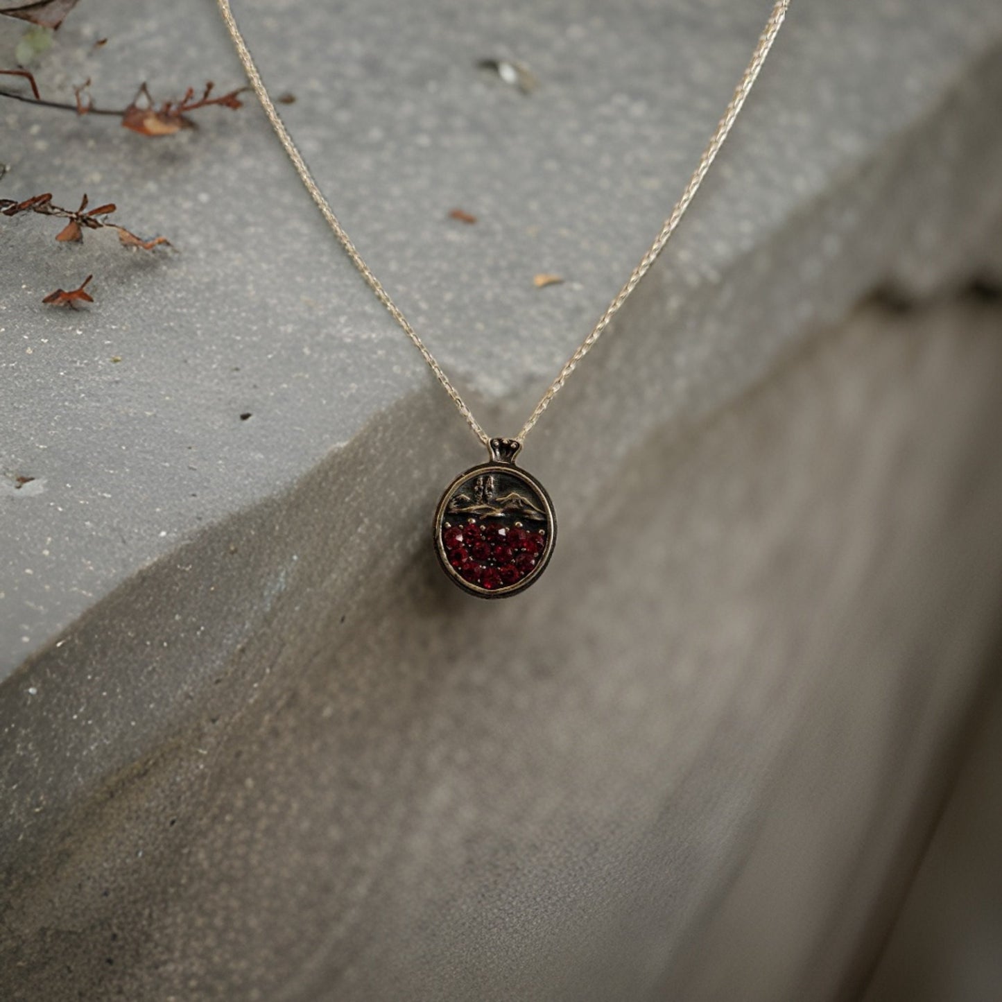 Sterling Silver Red Garnet Necklace with Armenian Church & Monastery Motifs, Inspired by Majestic Mount Ararat - Unique Jewelry Gift
