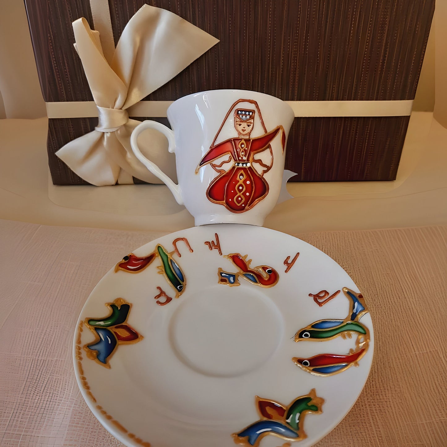 Set of 6 HAND-DRAWN Espresso Coffee Cup and Saucer Set - Armenian Family Gift - Wedding Gift- Armenian Heritage Traditional Motifs