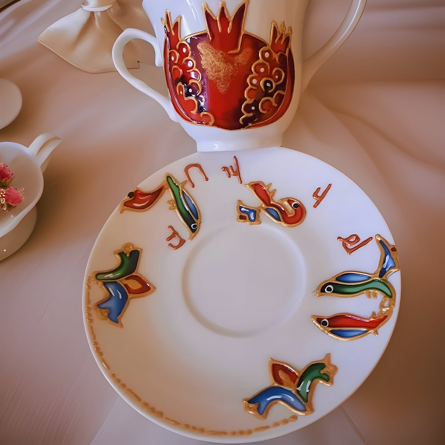 Set of 6 HAND-DRAWN Espresso Coffee Cup and Saucer Set - Armenian Family Gift - Wedding Gift- Armenian Heritage Traditional Motifs